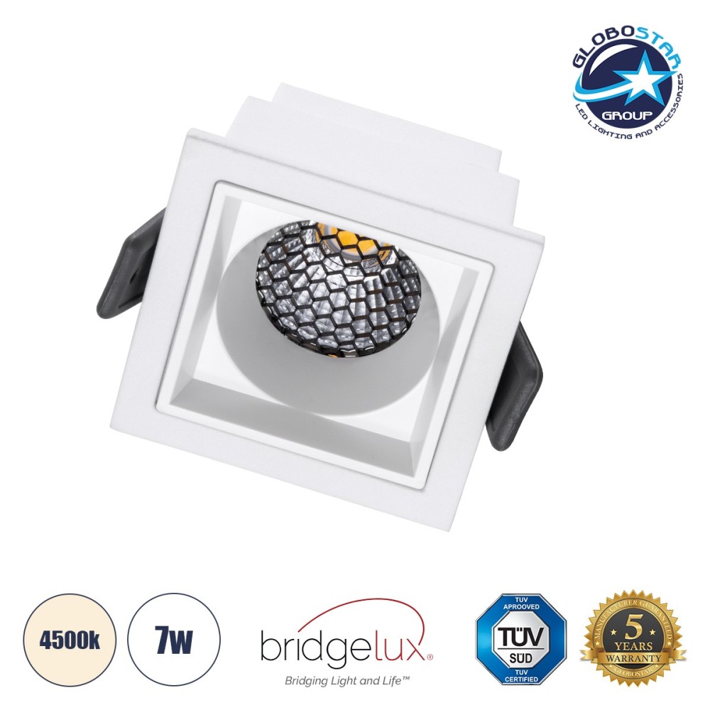 GLOBOSTAR® PLUTO-S 60266 Χωνευτό Downlight Σποτ με Honeycomb Anti Glare Reflector LED 7W 910lm 38° AC 220-240V IP20 Φυσικό Λευκό 4500K - Bridgelux COB Chip & TÜV SÜD Driver - Λευκό Ματ - Μ6.4 x Π6.4 x Υ4.9cm - Q5.5 x 5.5cm - 5 Χρόνια Εγγύηση